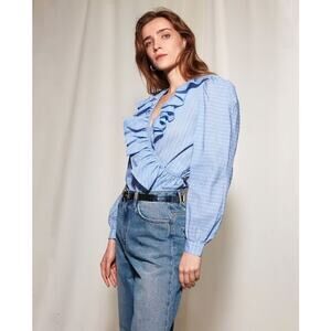 Les Coyotes de Paris Blouse Women’s Designer Ruffle Wrap Cotton Stripe Blue 42